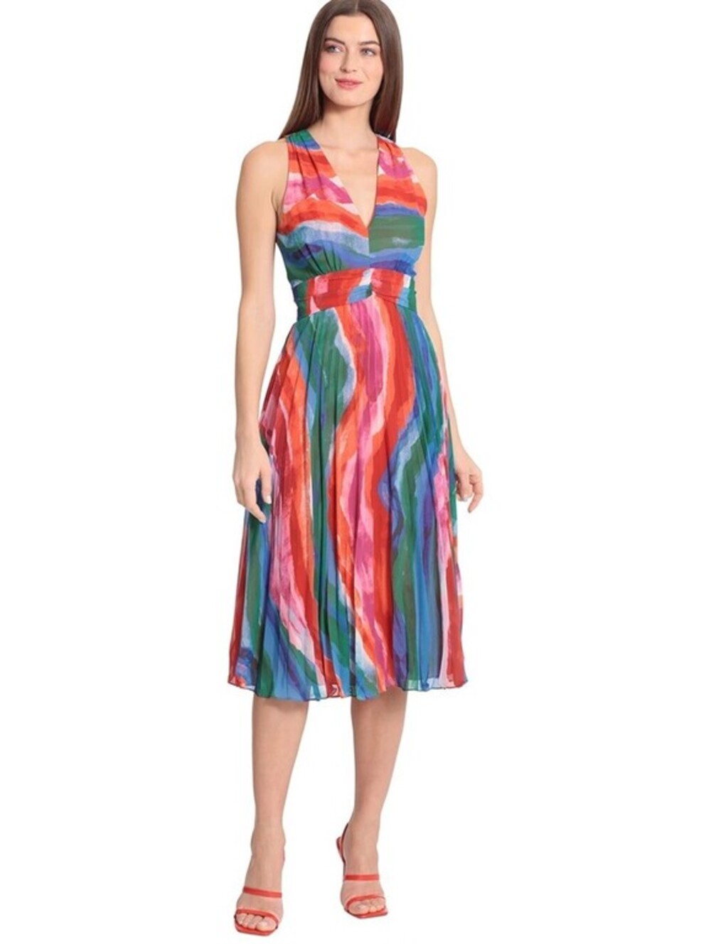 Maggy London Women's Halter Neck Dress with Pleated Skirt Size 14 Watercolor